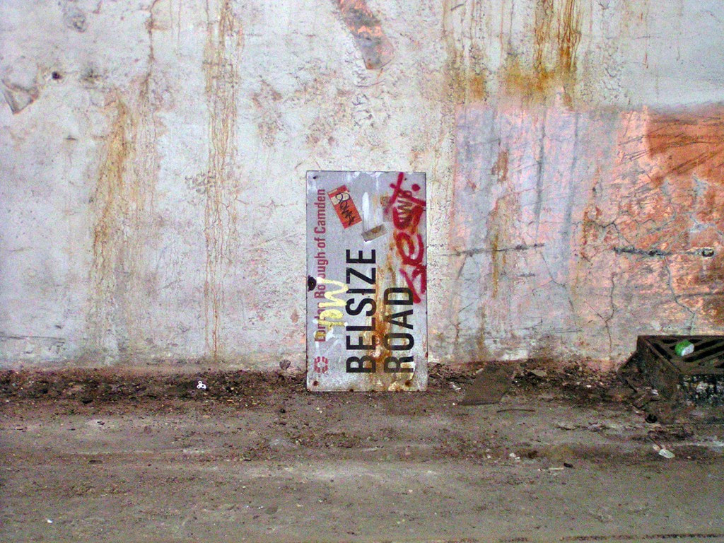 Belsize Road signage discarded in disused London tram tunnel
