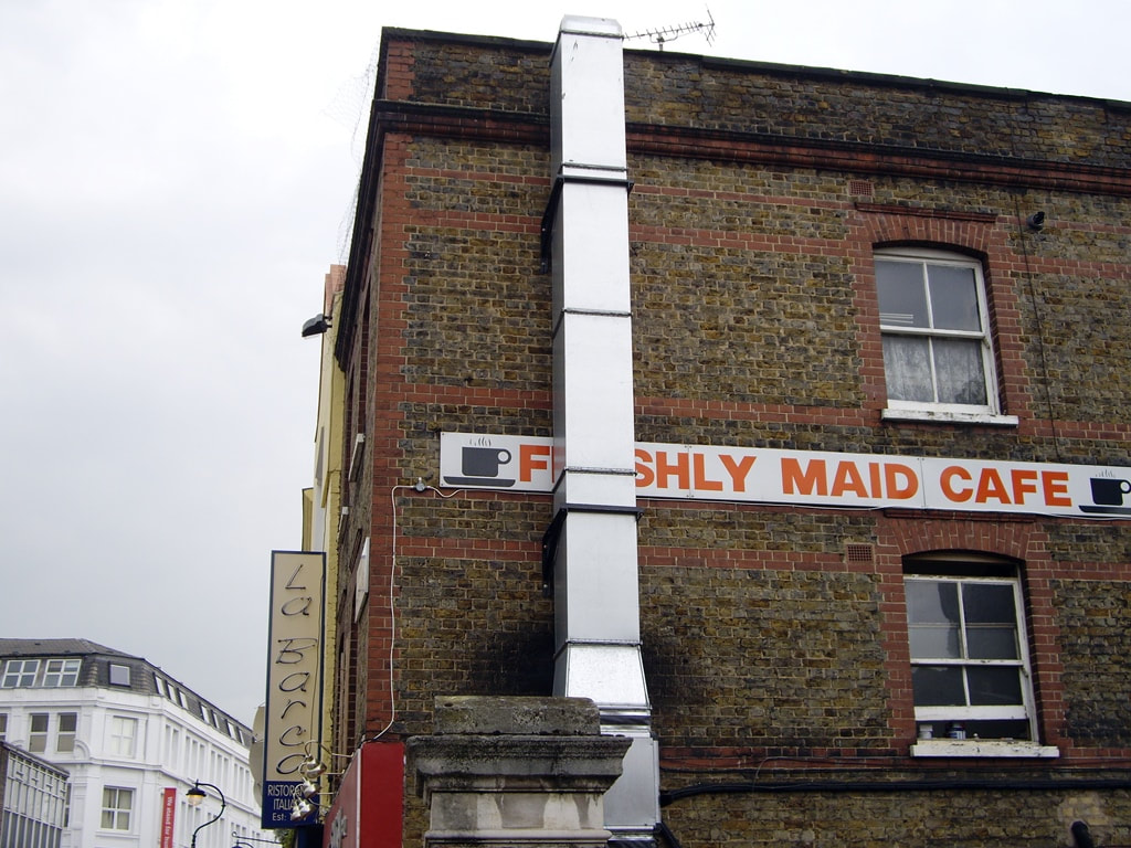 Signage on side of Victorian building for the Freshly Maid Cafe, Lower Marsh near Waterloo Station