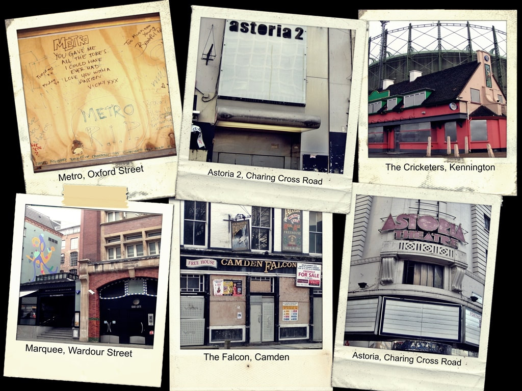 Collage of London's Lost Live Music Clubs and Pubs where bands play no more inc. Falcon in Camden, Cricketers in Kennington and Metro in Oxford Street