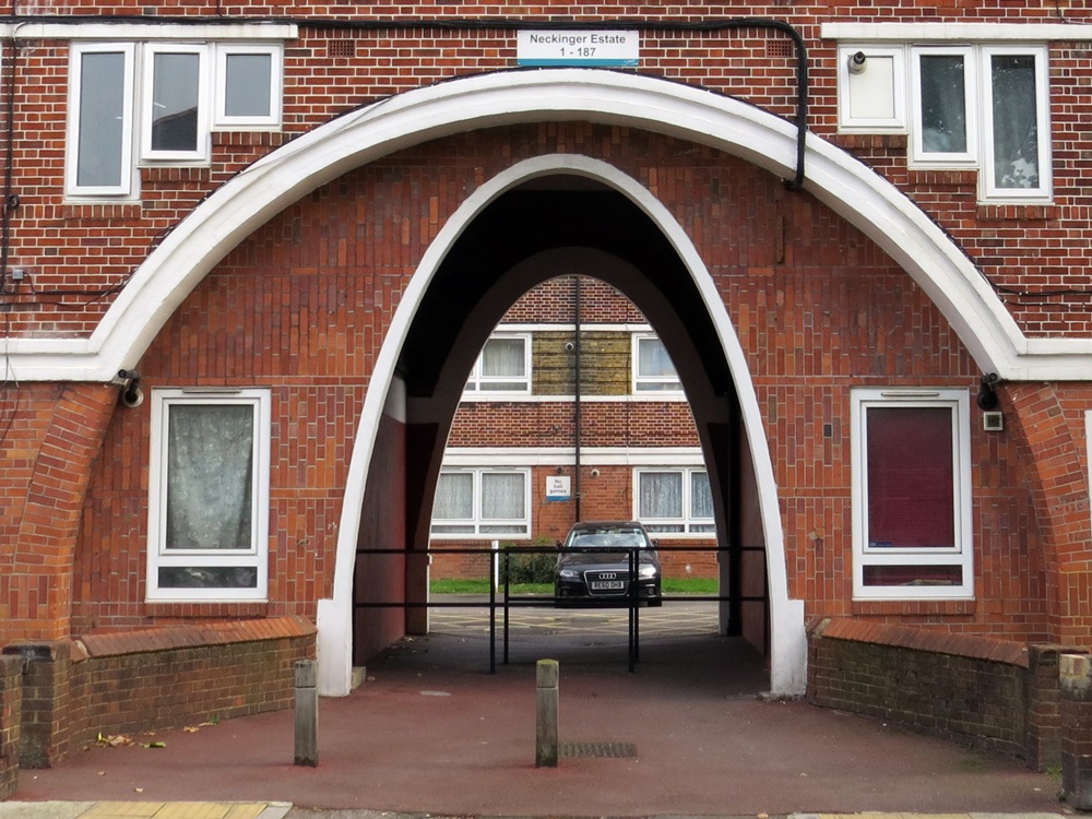 Picture of arch on Neckinger Estate, Bermondsey along the guided walk of the River Neckinger in South East London
