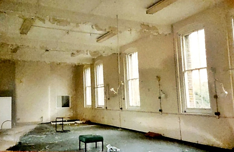 Debris in derelict ward inside the former New End Hospital, Hampstead