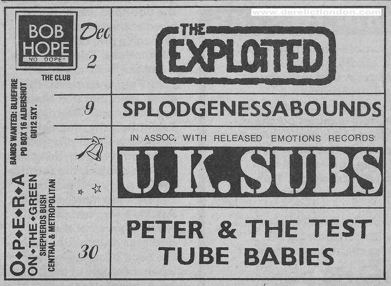 Bob Hope No Dope Club. The Exploited, Splodgenessabounds, UK Subs, Peter & The Test Tube Babies, Opera on The Green NME advert for 1989