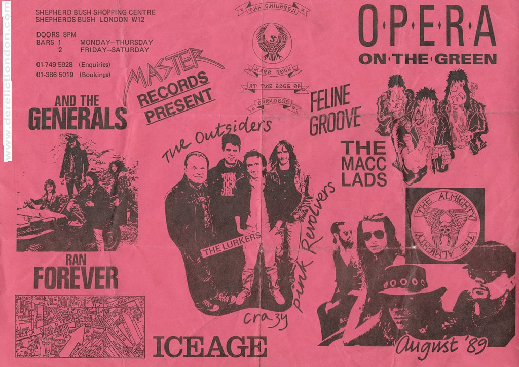 The Macc Lads, Feline Groove, Iceage, The Almighty, Crazy Pink Revolvers, Stan Stammers. Opera on The Green giglists for 1989
