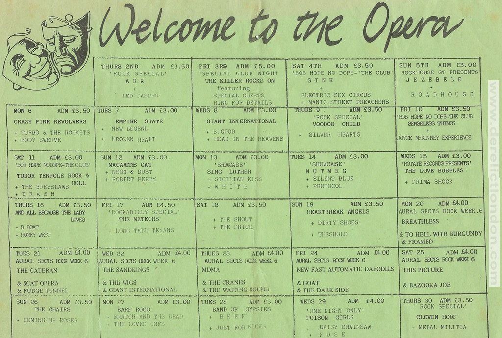 Crazy Pink Revolvers, The Price, Manic Street Preachers, The Chairs, The Meteors. Opera on The Green giglists for 1989