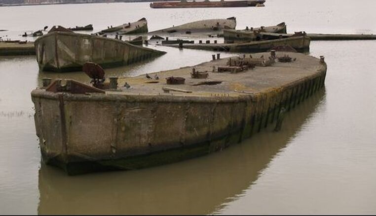Rainham Marshes Floating concrete  barges on the Thames once formed part of Mulberry Harbours as part of D Day invasion in 1944