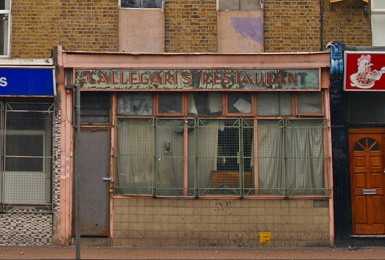 Derelict shop frontage of Callegari's restaurant in Limehouse