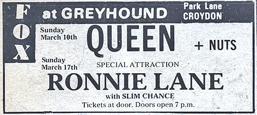 Advert for Queen and Ronnie Lane at the Croydon Greyhound