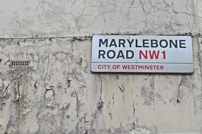 Crumbling paint of the Samaritan Hospital for Women, Marylebone Rd, NW1 