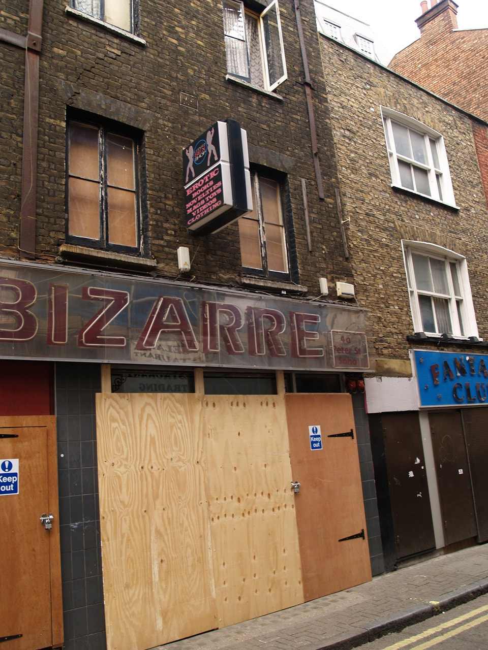 Boarded up derelict Soho sex shops after the council began clamping down, compulsorily purchasing premises thought to house brothels.