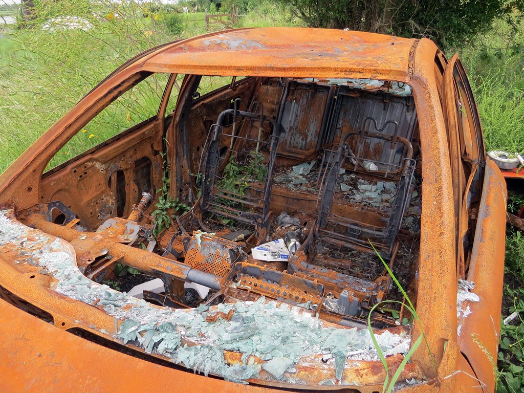 Interior of burnt out abandoned car near Canvey Island