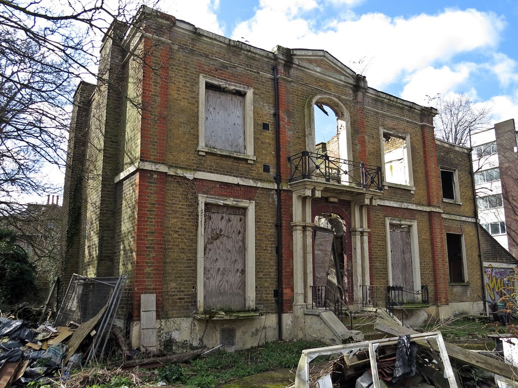 Derelict shell of abandoned St Mary's Lodge on Lordship Rd, Stoke Newington, London. N16 