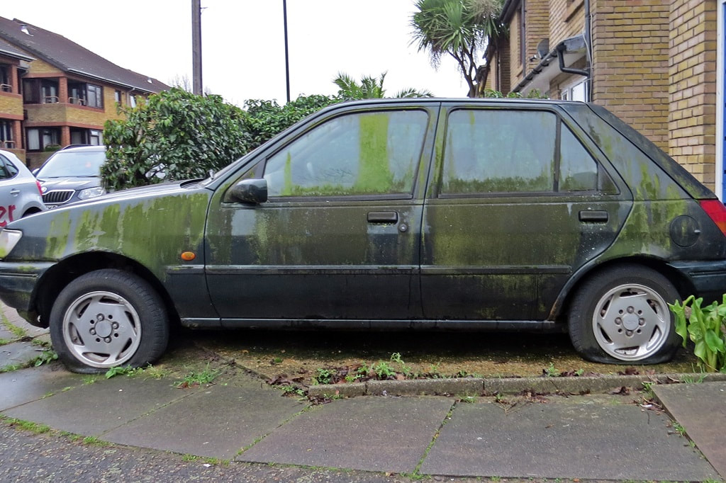 Car covered in green mould in Sydenham, South London