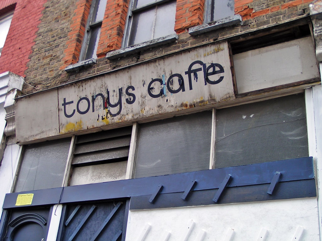 The boarded up Tonys Cafe in Tottenham, N17