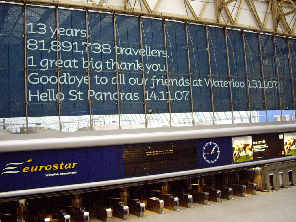 Information sign at closed down Waterloo Eurostar saying 13 years, 81,891,738 travellers.Goodby Waterloo. Hello St Pancras