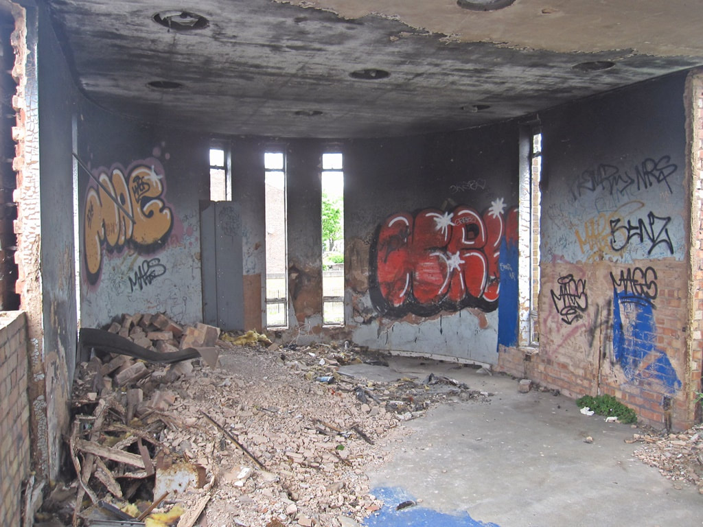 Interiors of derelict buildings at the aquatic centre at Woolwich Dockyard, SE London